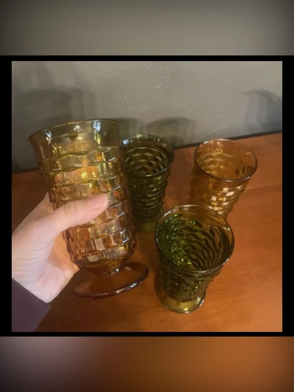 Vintage MCM Indiana Whitehall Cubist 4 Footed Glasses Avacado Green Amber